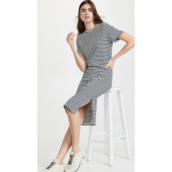 FRAME NAVY BLUE WHITE STRIPED SHIFT MIDI ORGANIC COTTON MONOGRAM DRESS SZ S - Picture 1 of 8